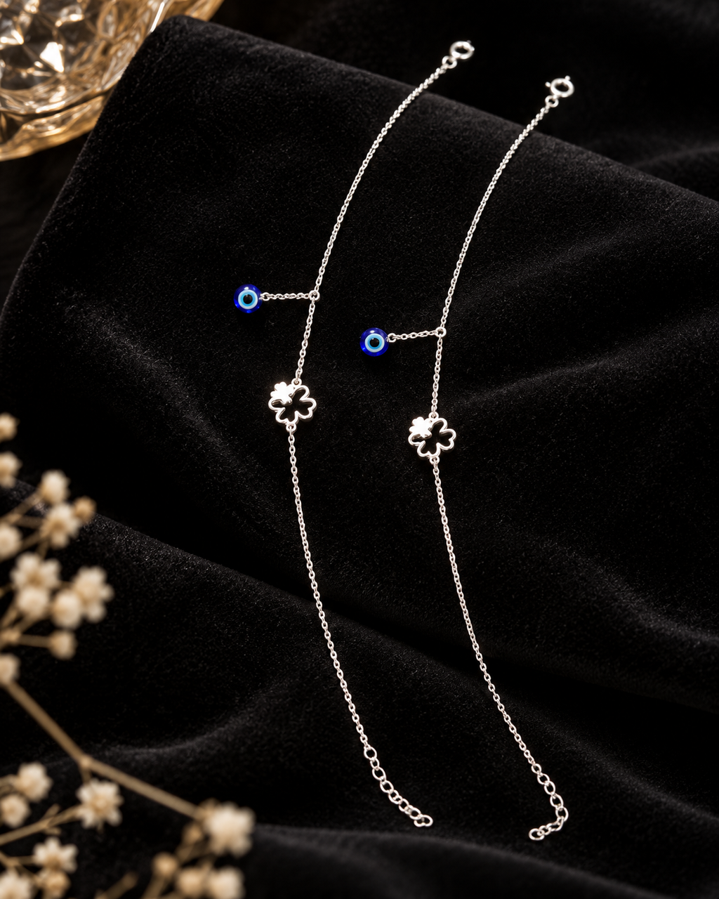 Evil Eye Clover Charm Silver Payal