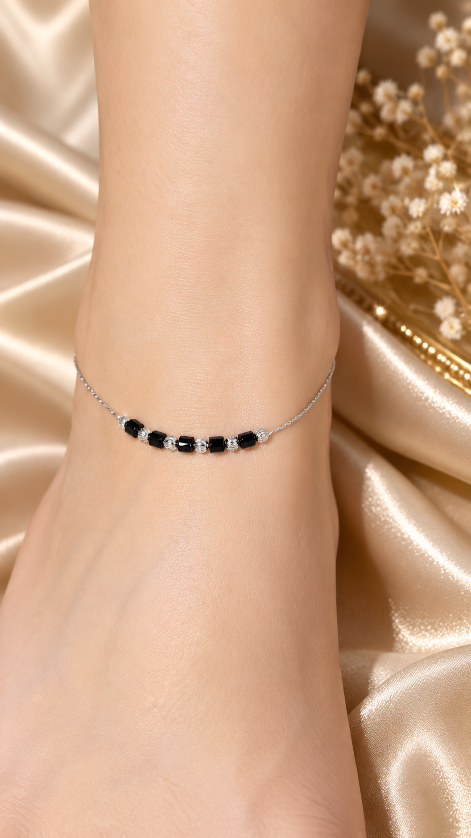 Classic Silver and Black Bead Payal