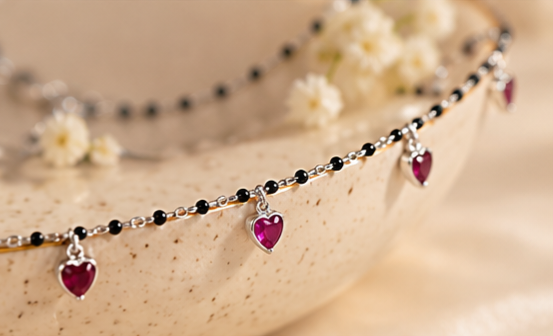 Ruby Heart Black Bead Payal