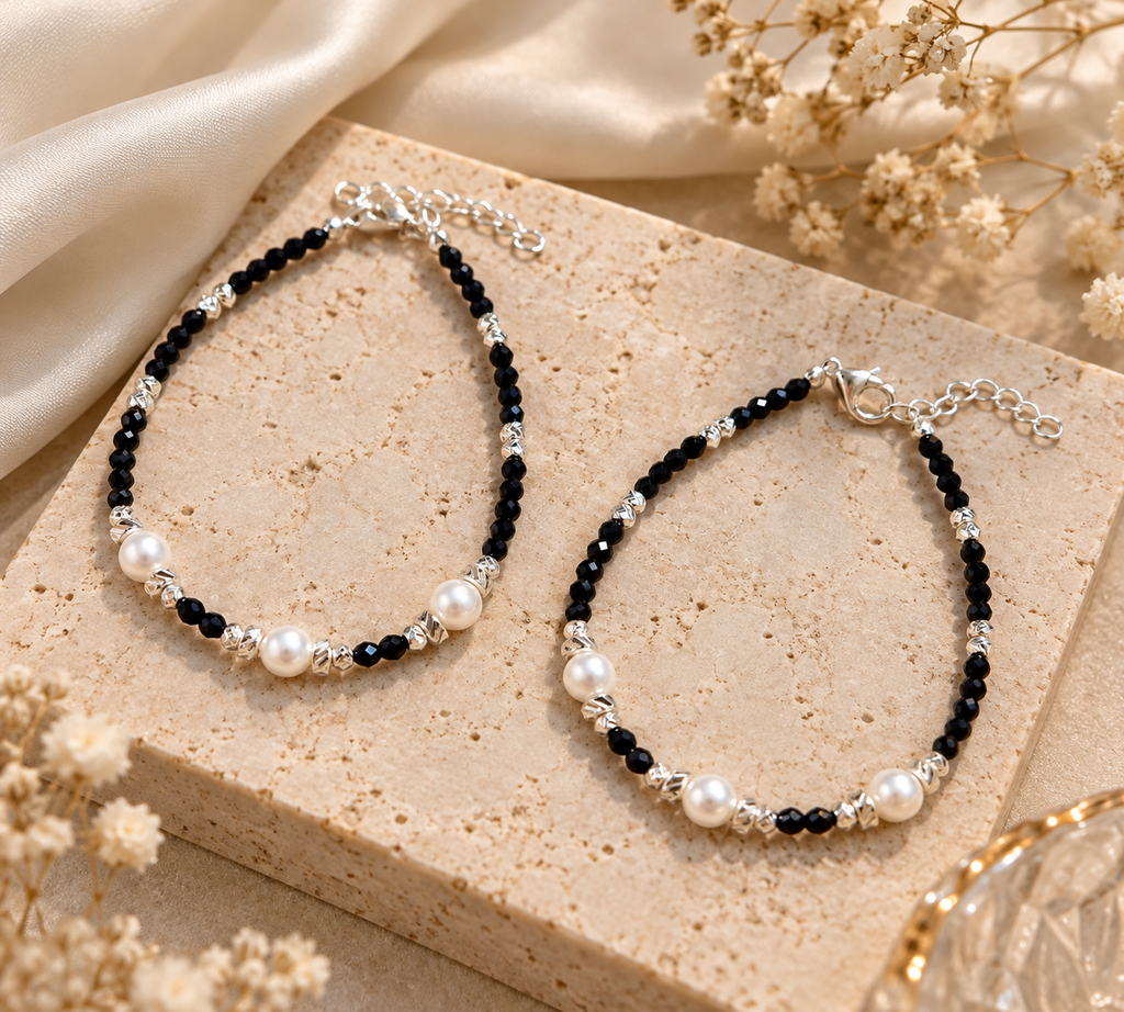 Silver Sparkle Black Beads Kids Payal