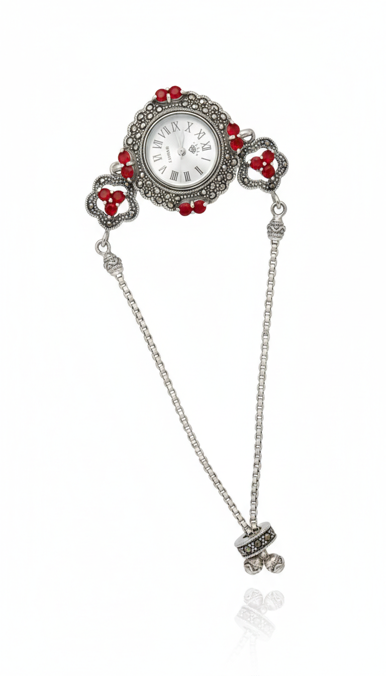 Antique - style silver watch Bracelet with Red Accents_1