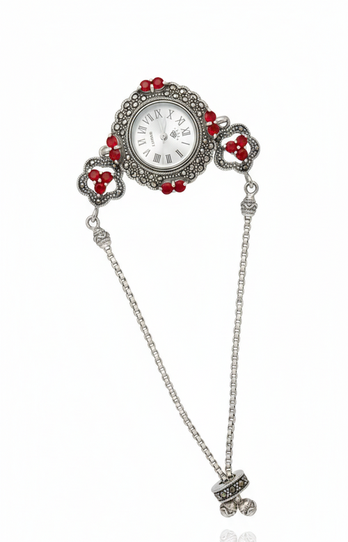Antique - style silver watch Bracelet with Red Accents_1