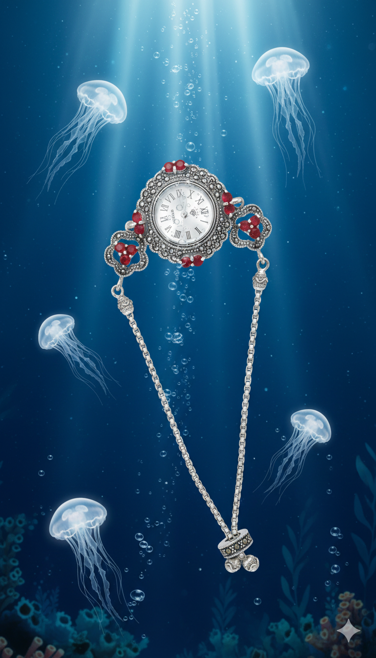 Antique - style silver watch Bracelet with Red Accents_3