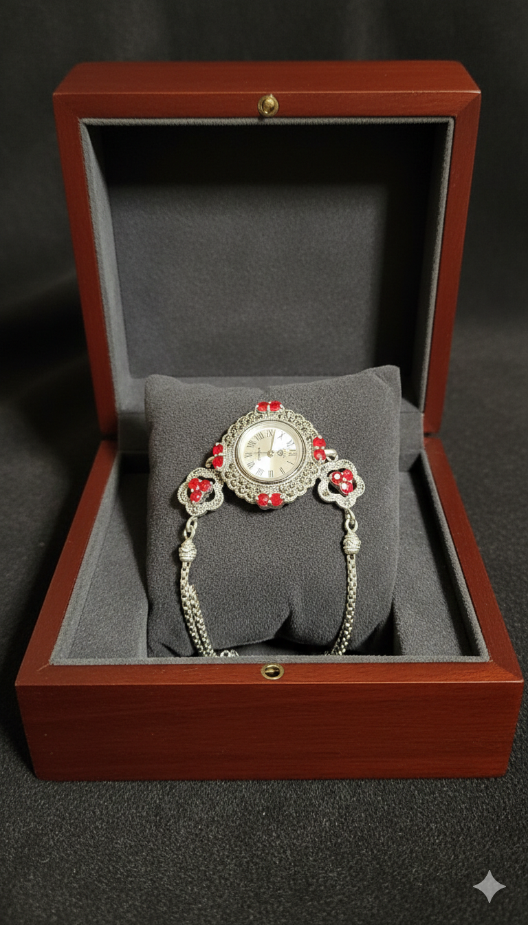 Antique - style silver watch Bracelet with Red Accents_4