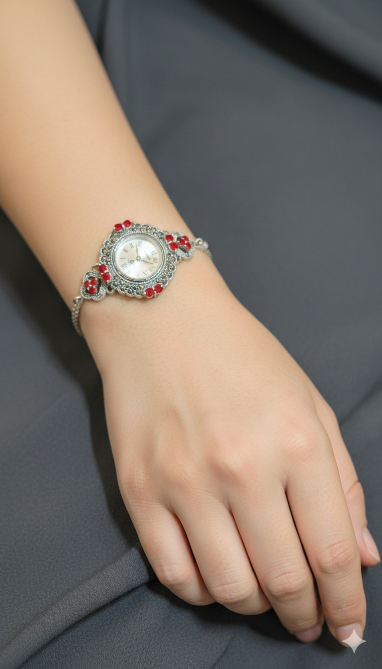 Antique - style silver watch Bracelet with Red Accents_5