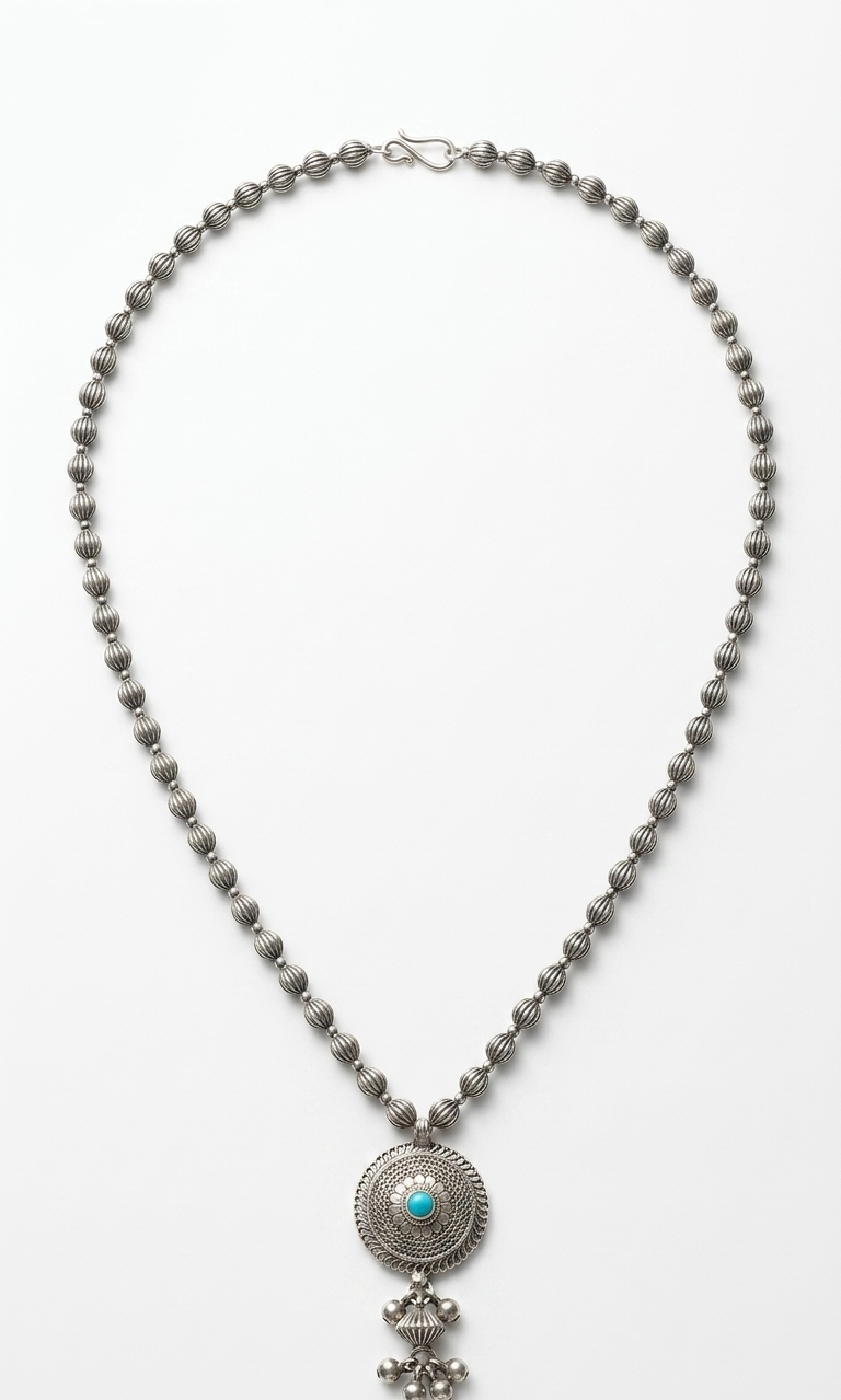 Antique Finish Silver Mala with Circular Turquoise Pendant