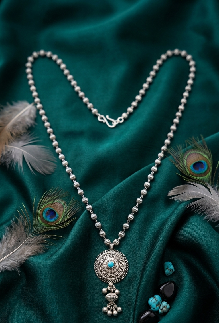 Antique Finish Silver Mala with Circular Turquoise Pendant