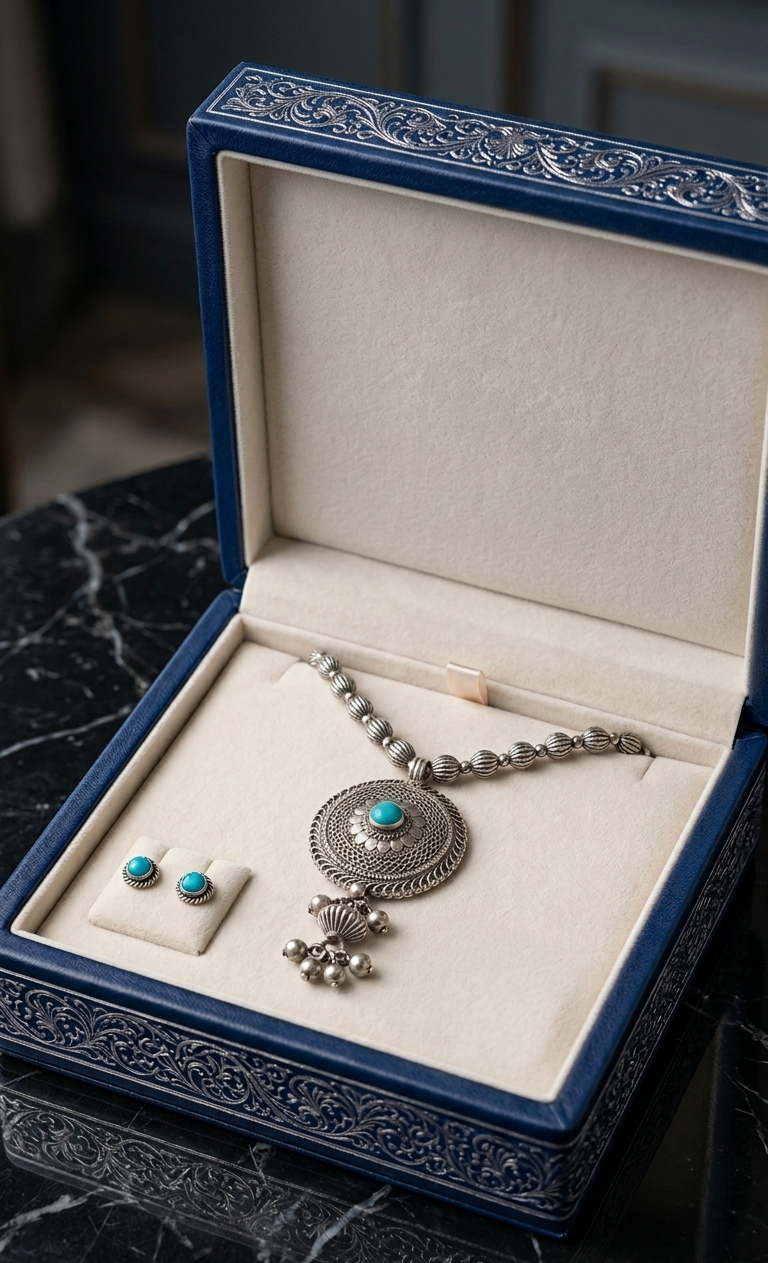 Antique Finish Silver Mala with Circular Turquoise Pendant