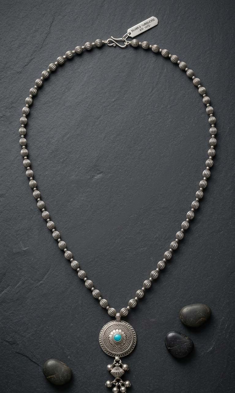 Antique Finish Silver Mala with Circular Turquoise Pendant