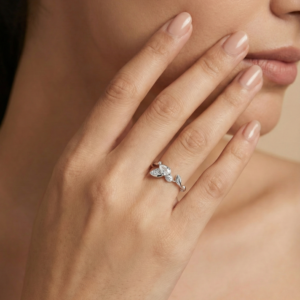 Asymmetrical leaf & Crystal Ring_3