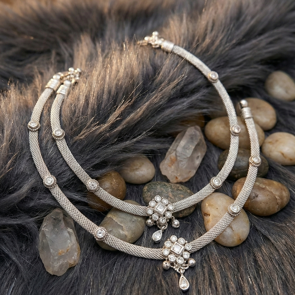 Crystal Studded Silver Payal