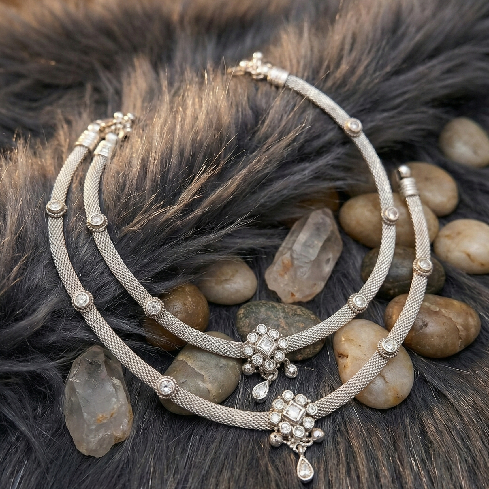 Crystal Studded Silver Payal