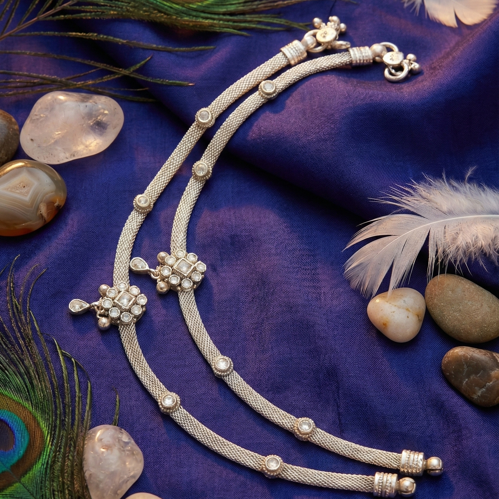 Crystal Studded Silver Payal
