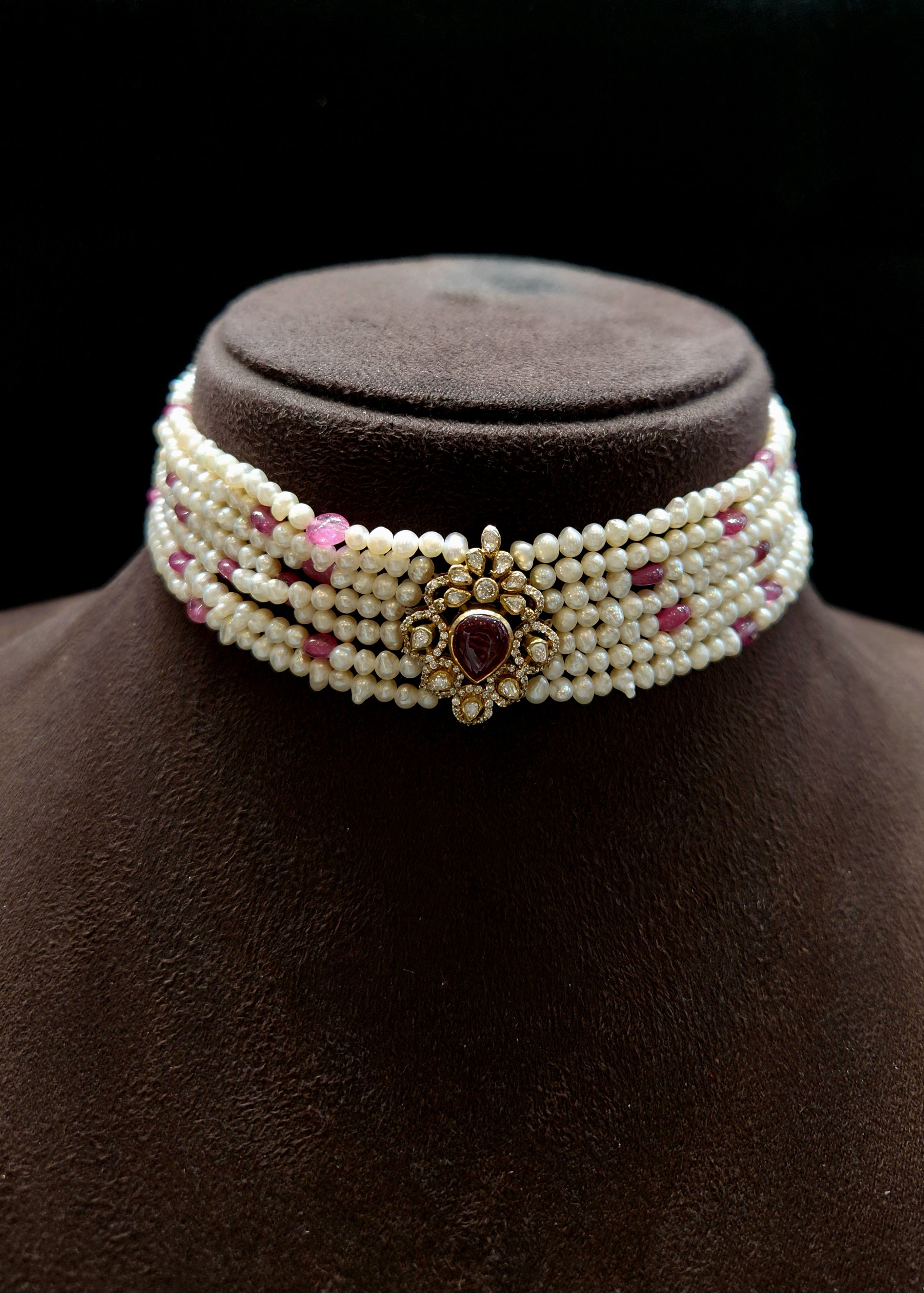 Gf Ruby & pearl Choker with sterling silver (mala)
