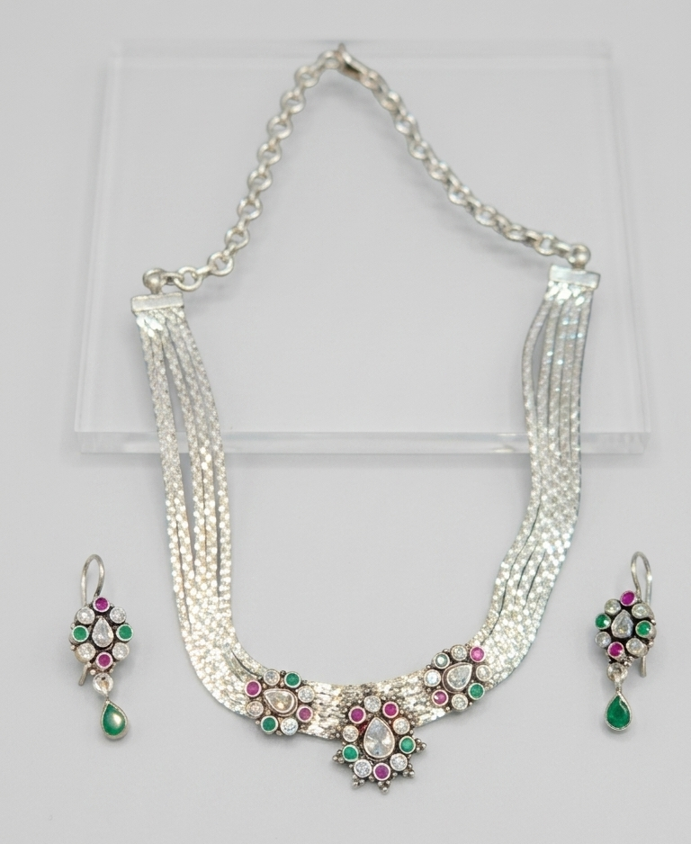 Multi- Strand silver Floral Set