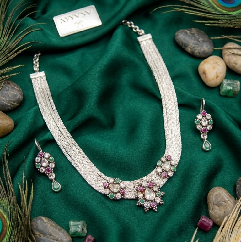Multi- Strand silver Floral Set