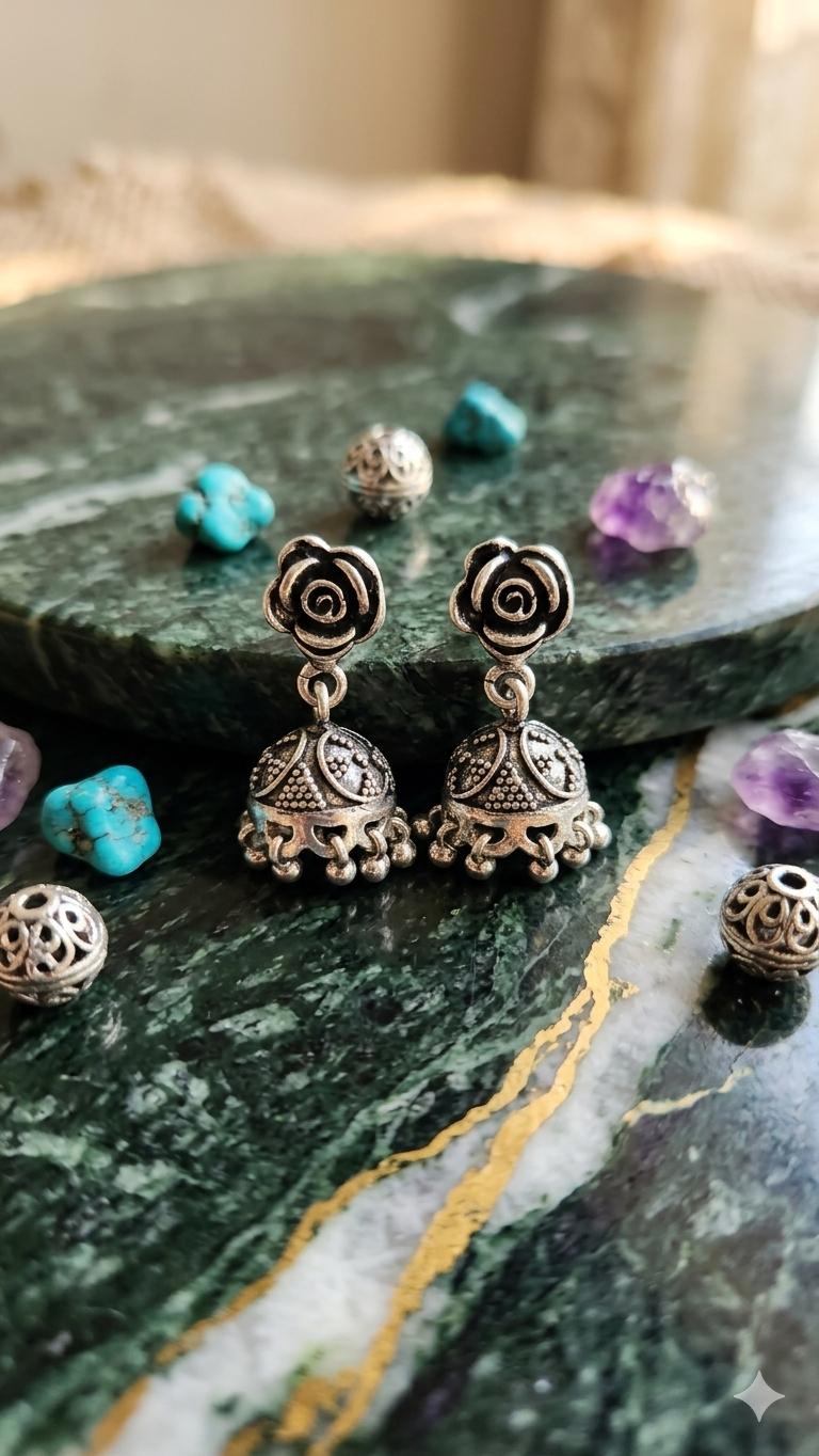 Elegant Oxidized Rose Jhumkas