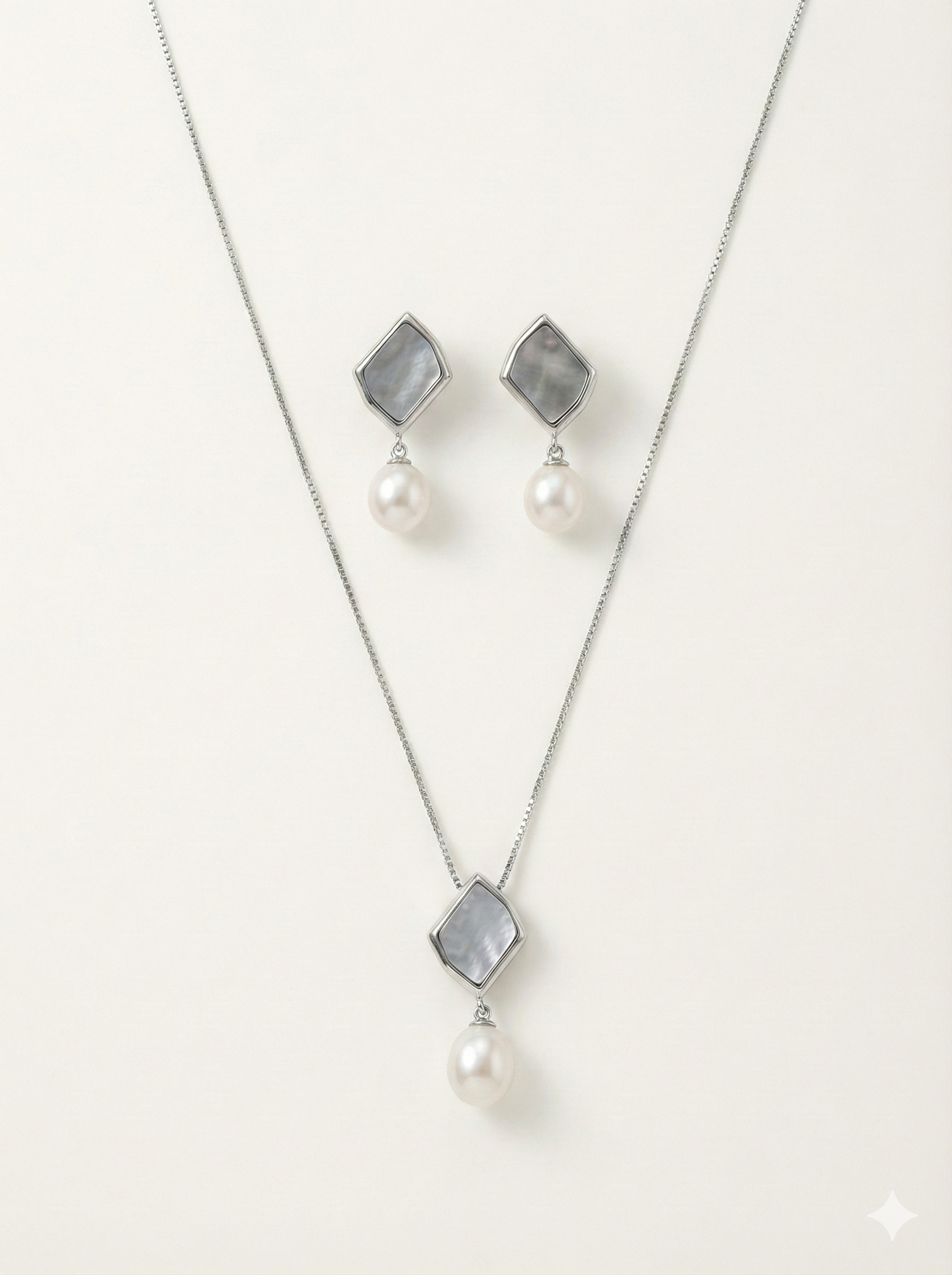 Silver Rhombus & Pearl Drop Jewelry Set_1