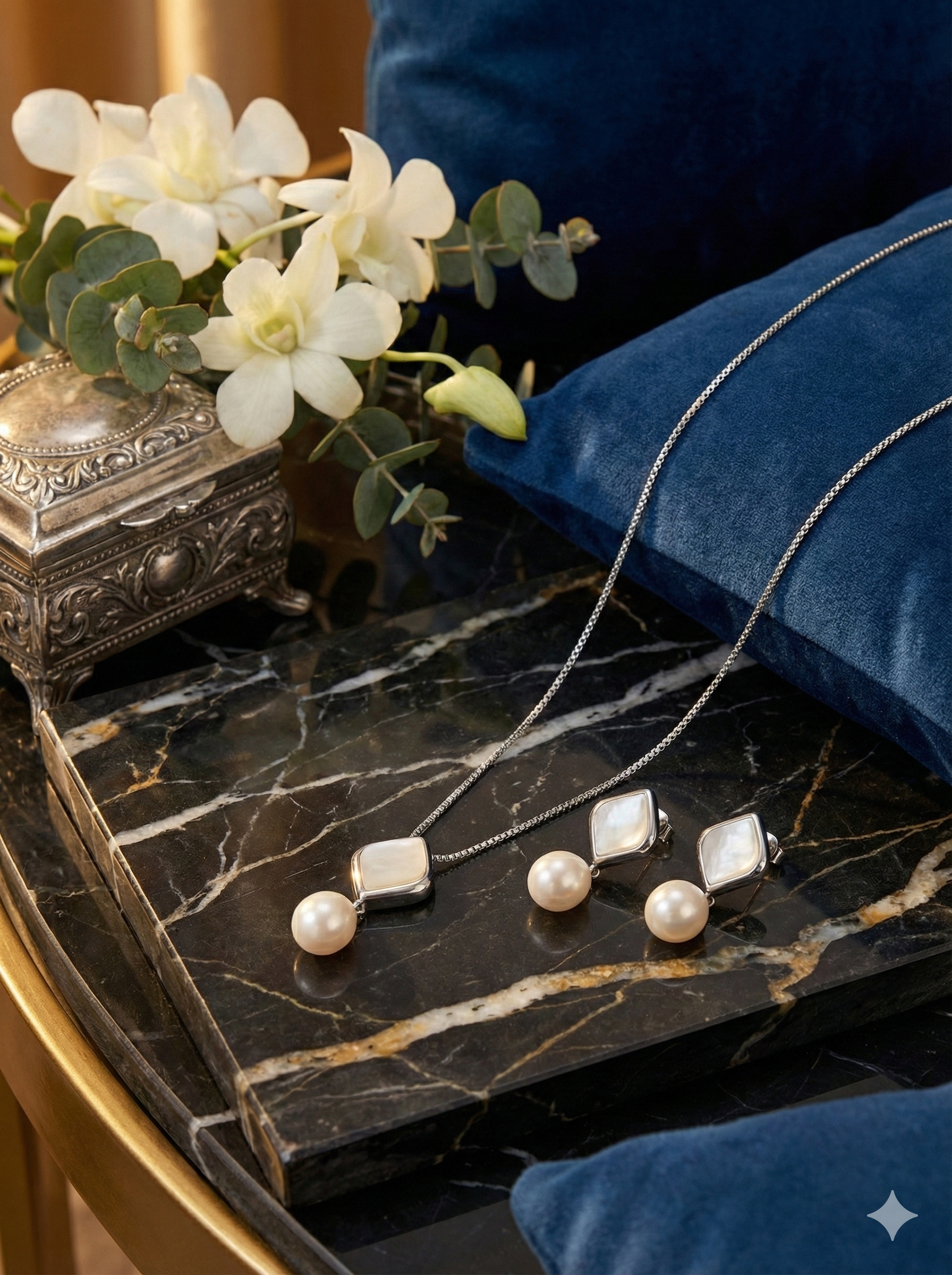 Silver Rhombus & Pearl Drop Jewelry Set_2
