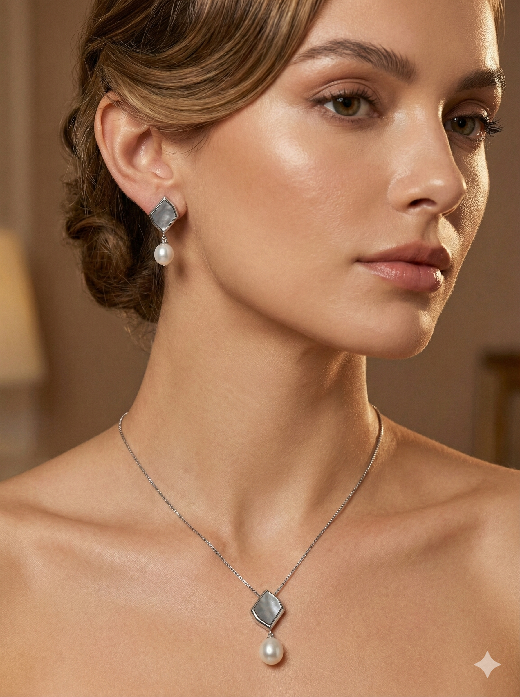 Silver Rhombus & Pearl Drop Jewelry Set_4