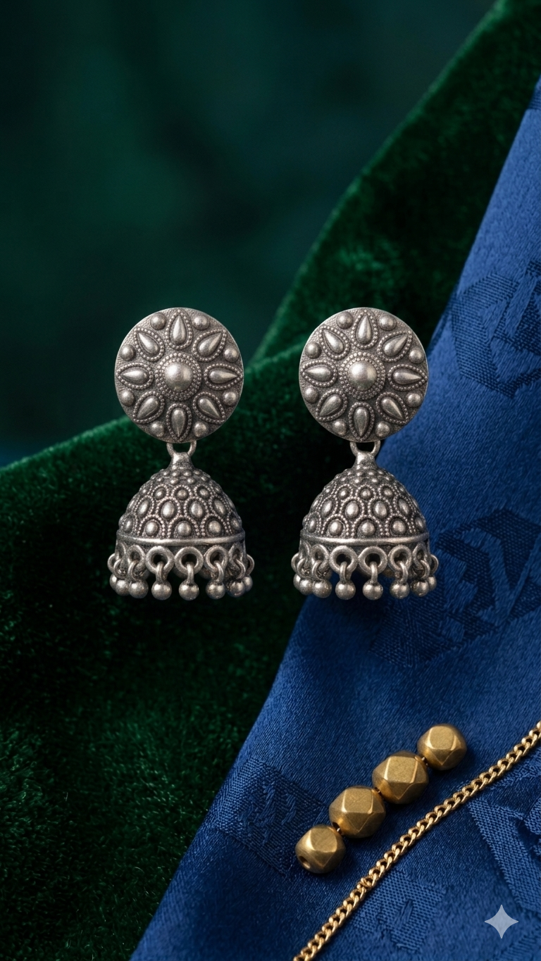 Silver Sunburst Jhumkas
