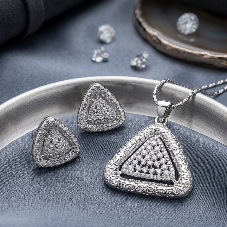 Silver Triangular Pavè Jewelry Set