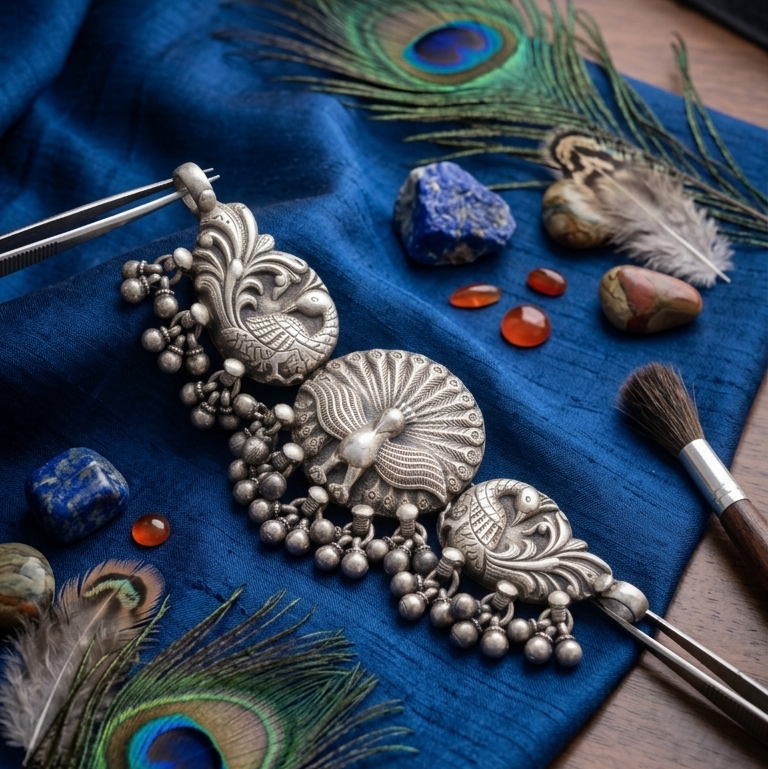 Traditional Three- peacock silver Motif