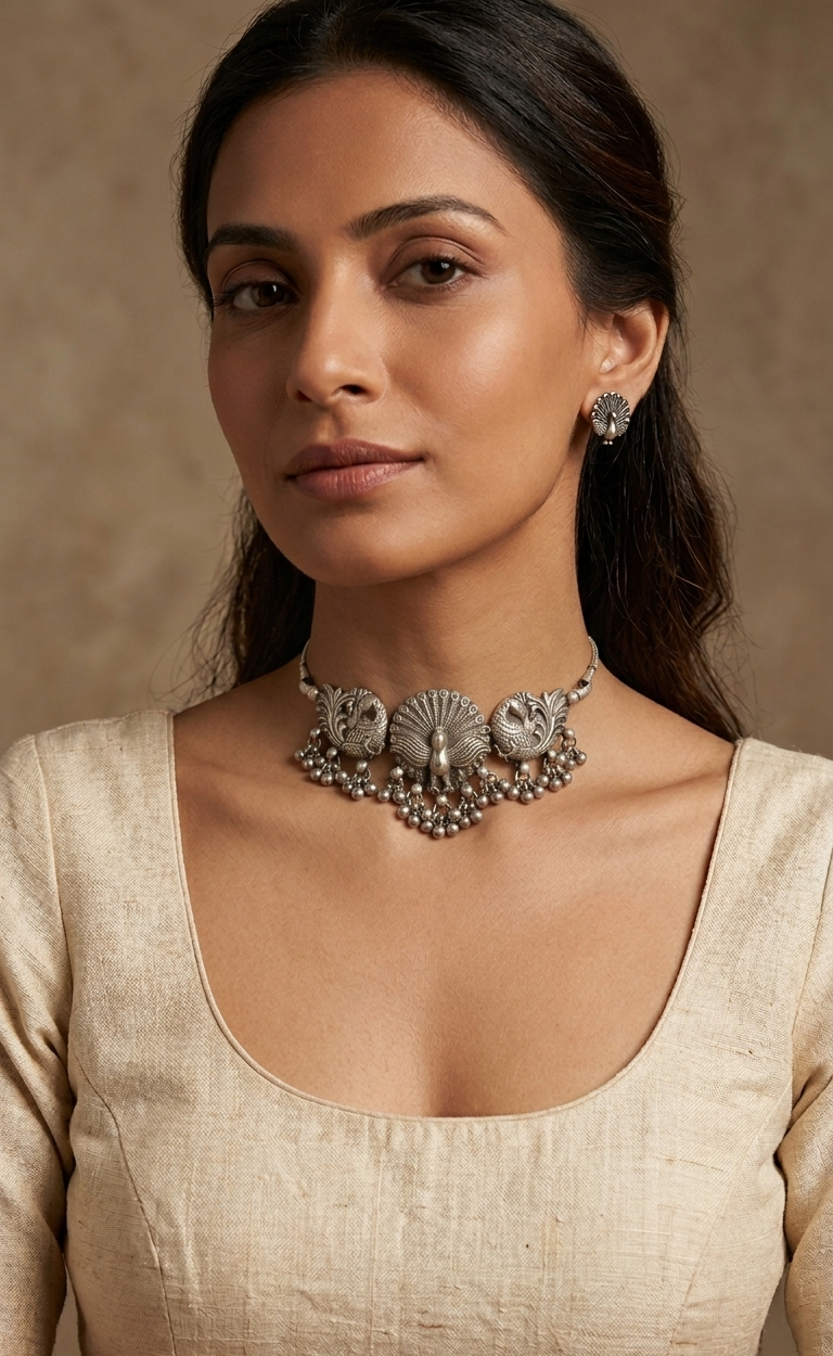 Traditional Three- peacock silver Motif