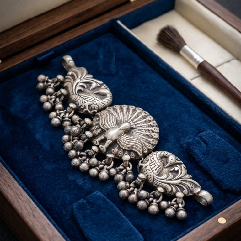 Traditional Three- peacock silver Motif