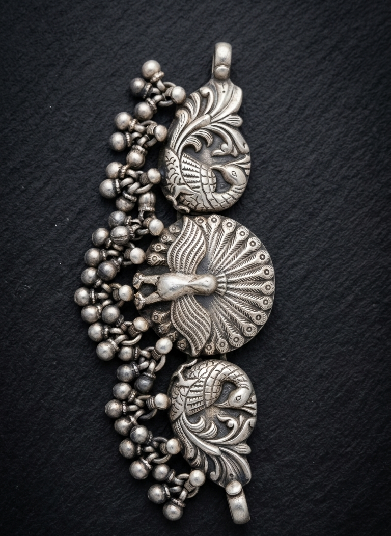 Traditional Three- peacock silver Motif