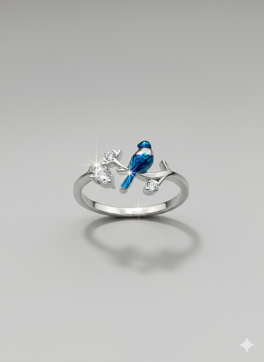 Enamel Bird and Branch Ring