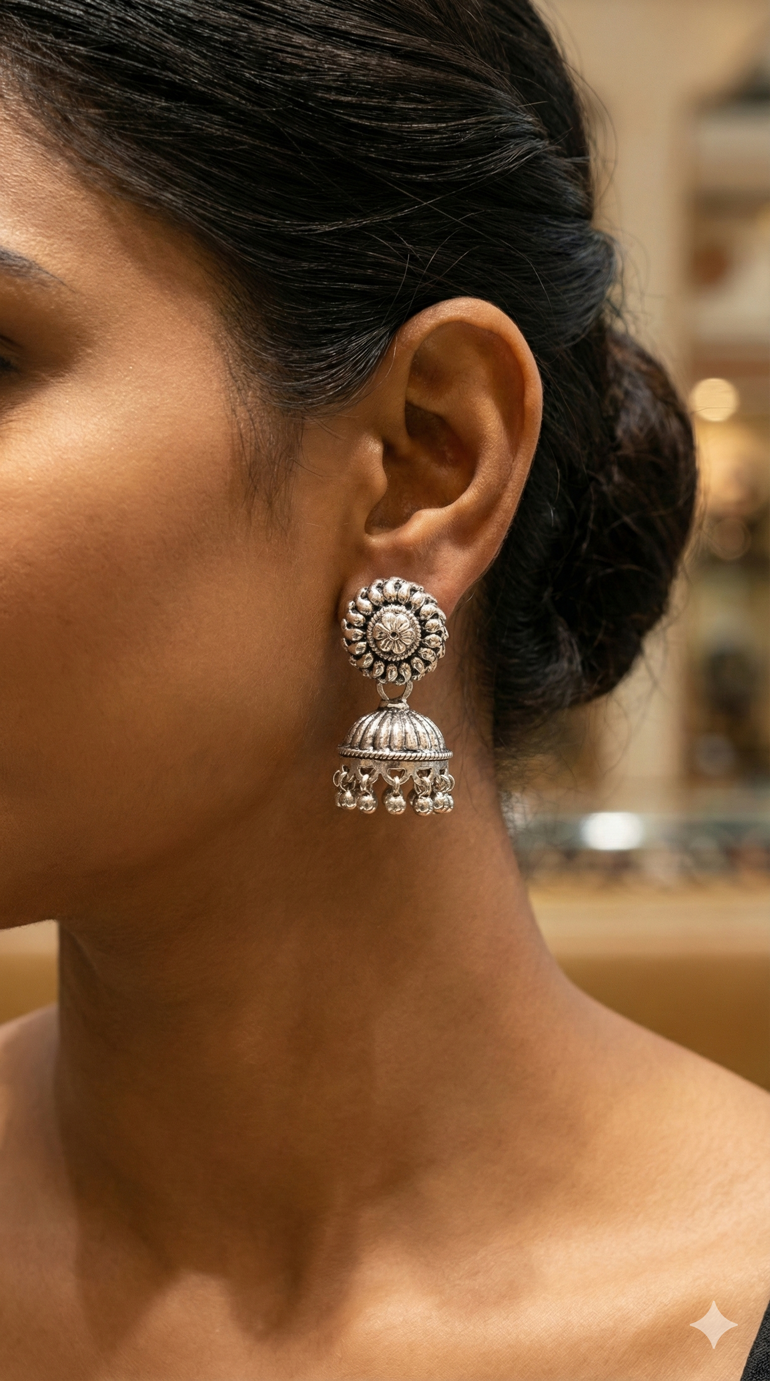 Oxidized Silver Floral Jhumkas