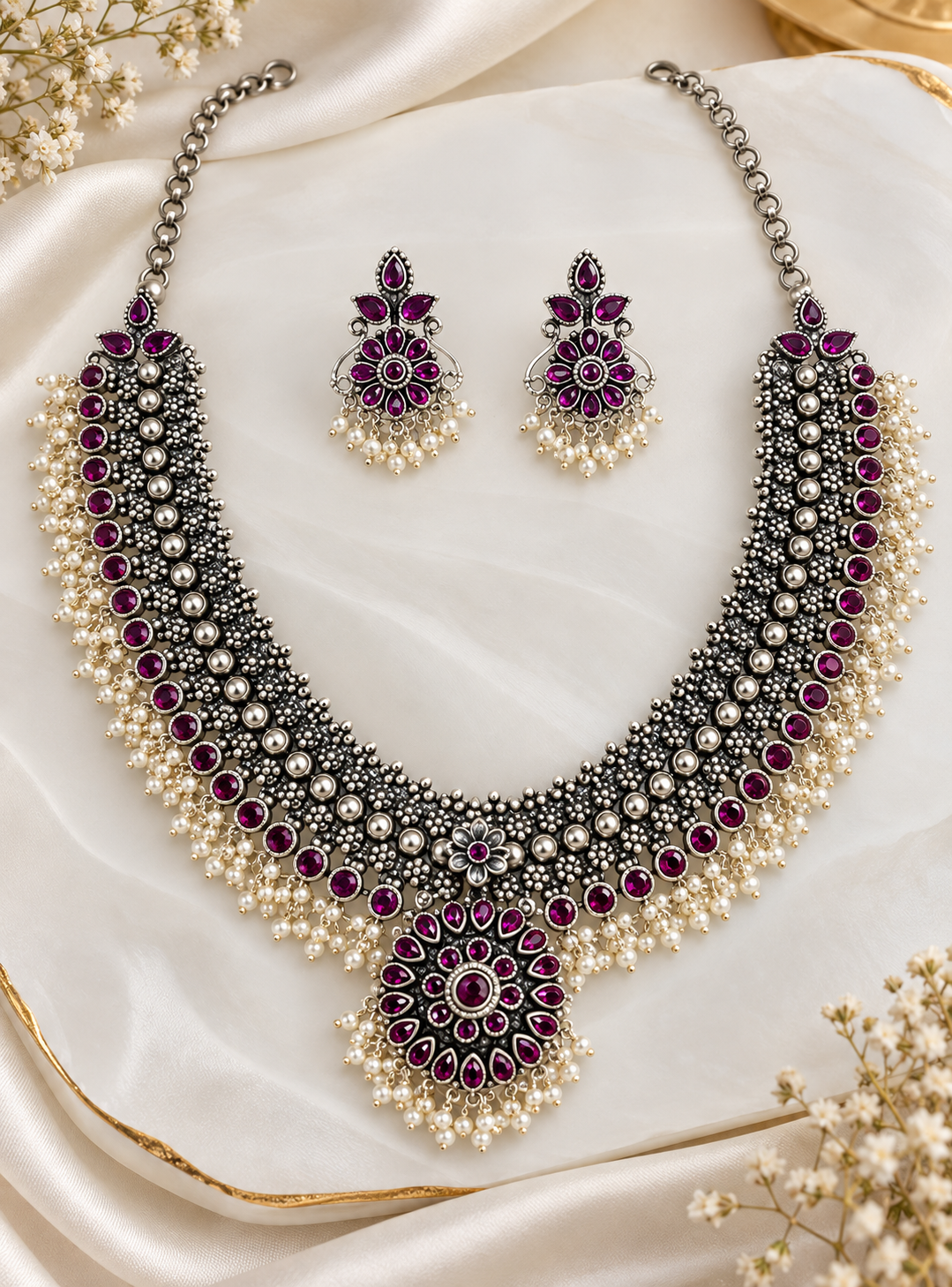 Royal Ruby Bloom Necklace Set