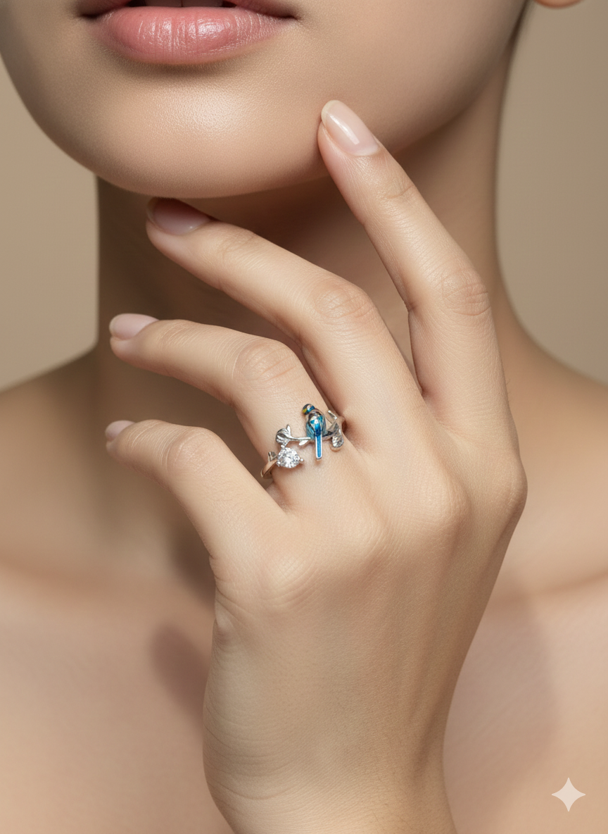 Enamel Bird and Branch Ring