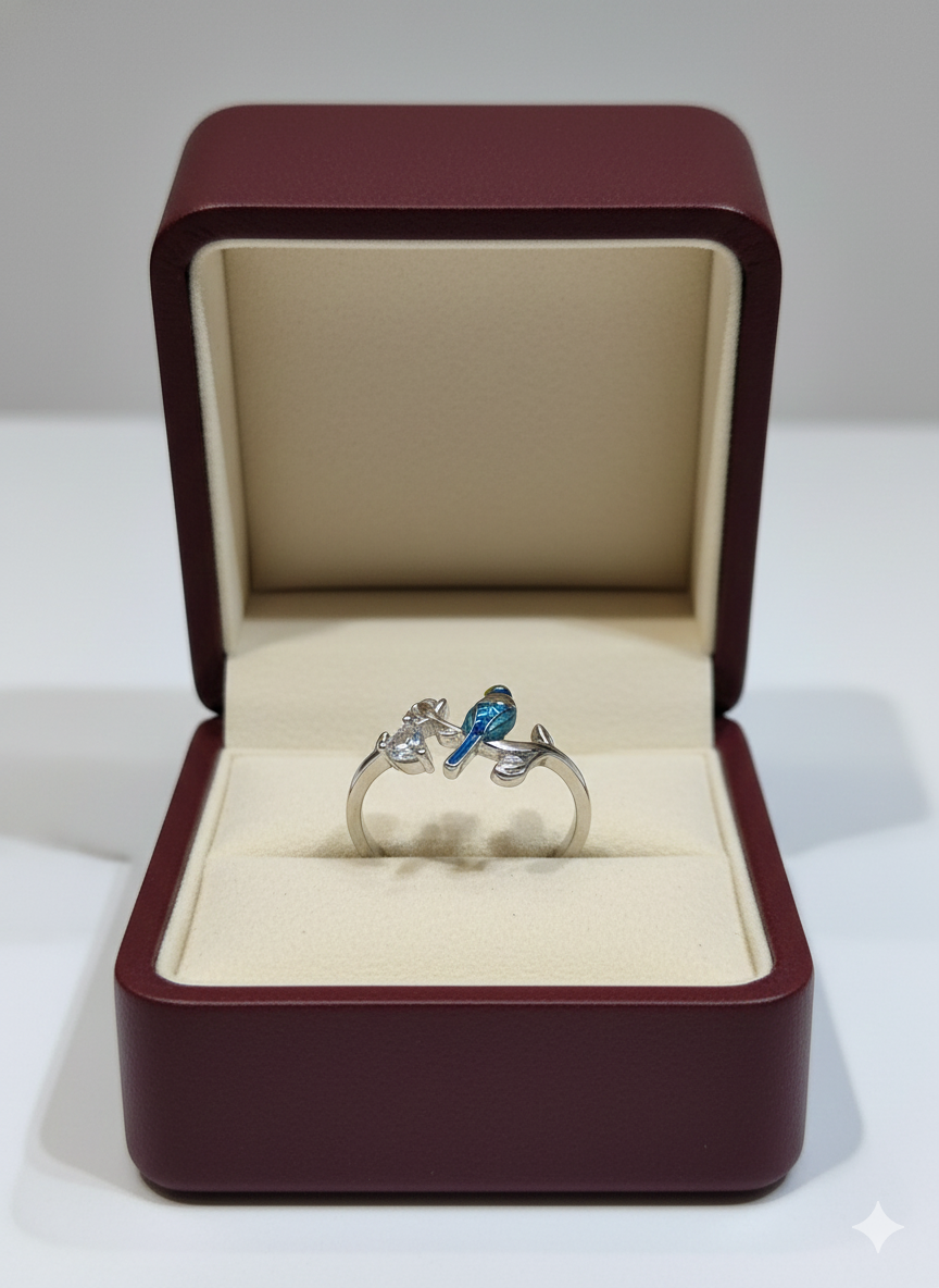 Enamel Bird and Branch Ring