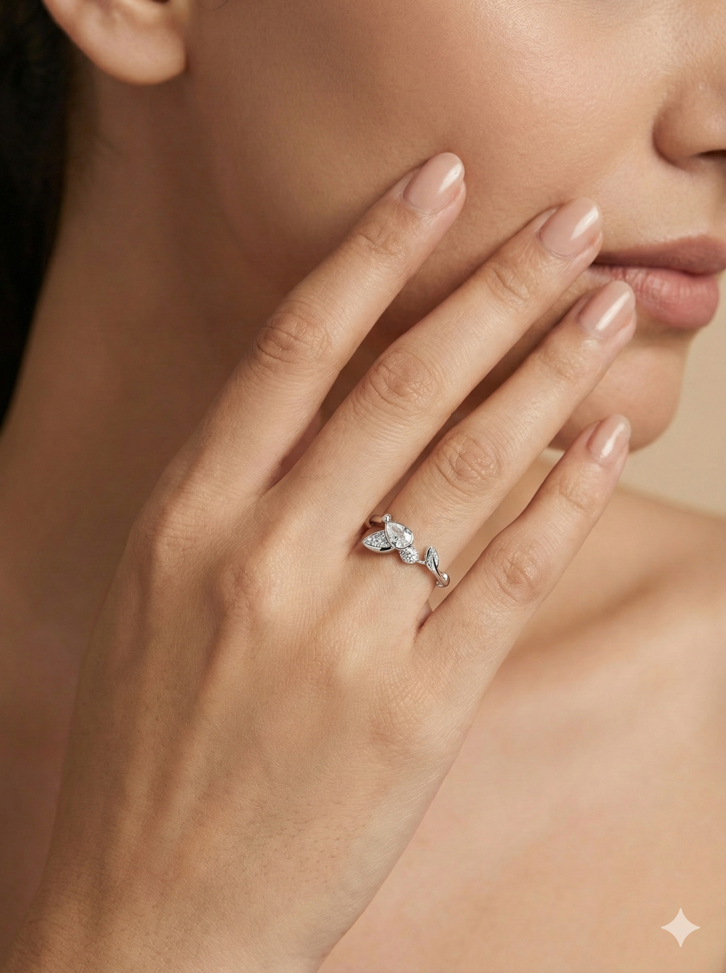 Asymmetrical leaf & Crystal Ring