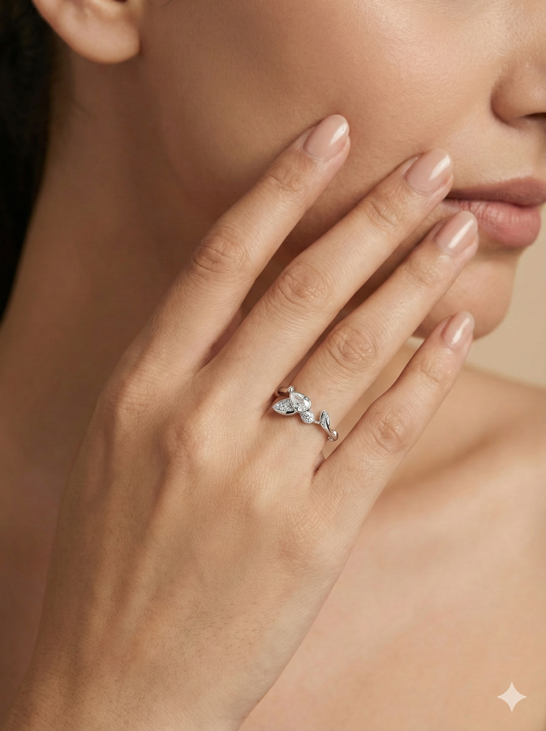 Asymmetrical leaf & Crystal Ring