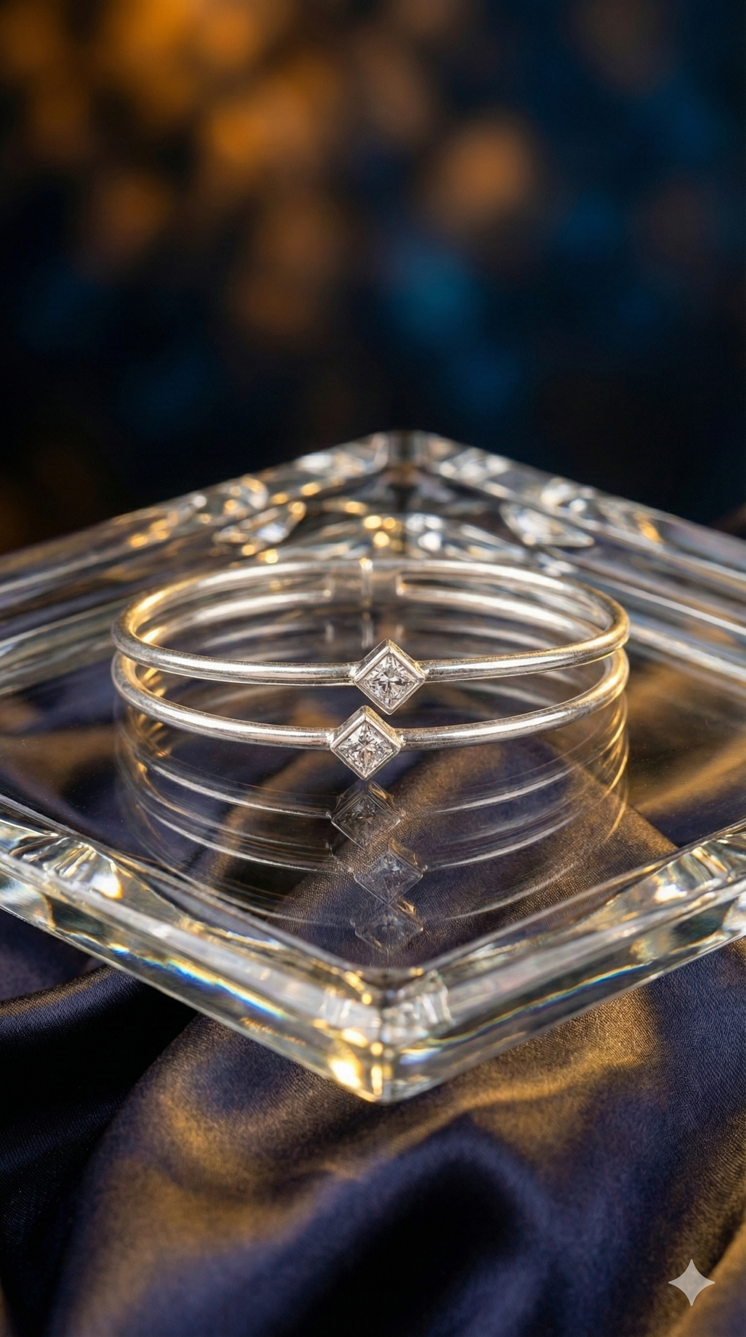 Square Cut Crystal Silver Bangles