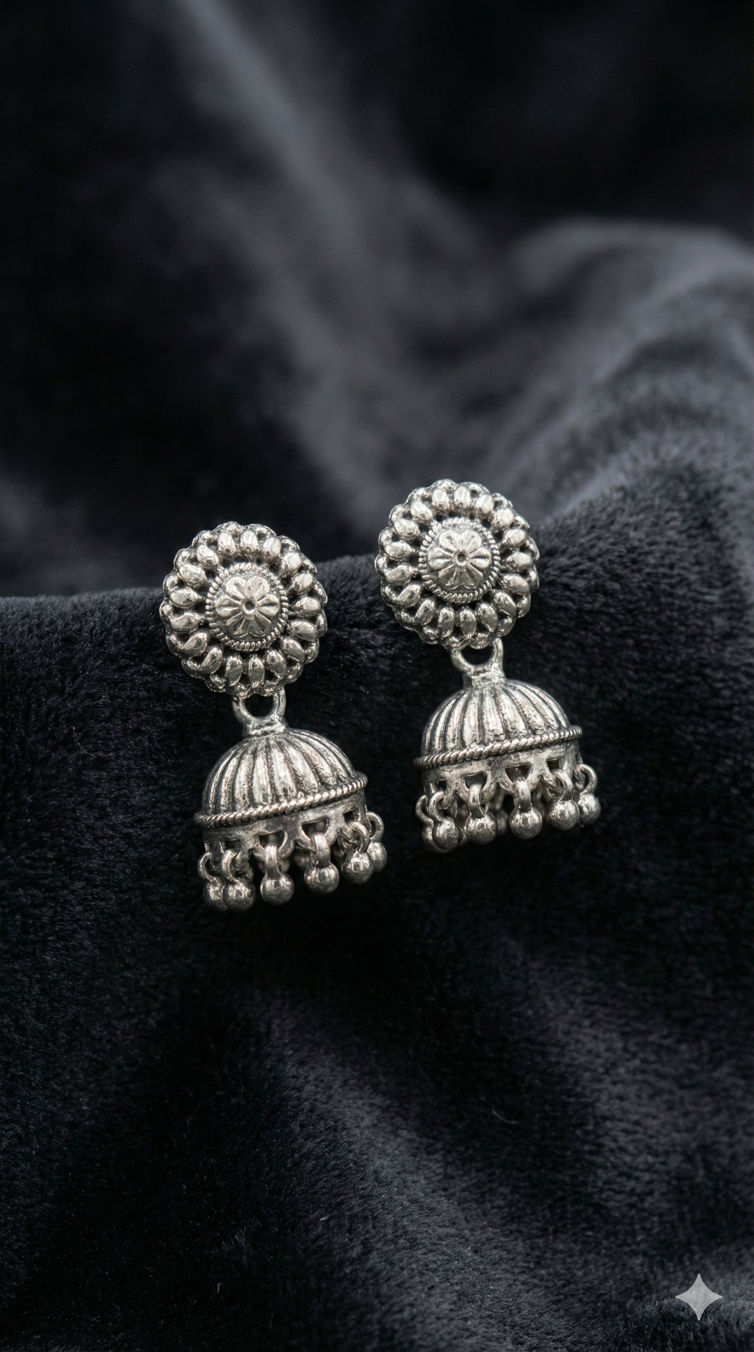 Oxidized Silver Floral Jhumkas