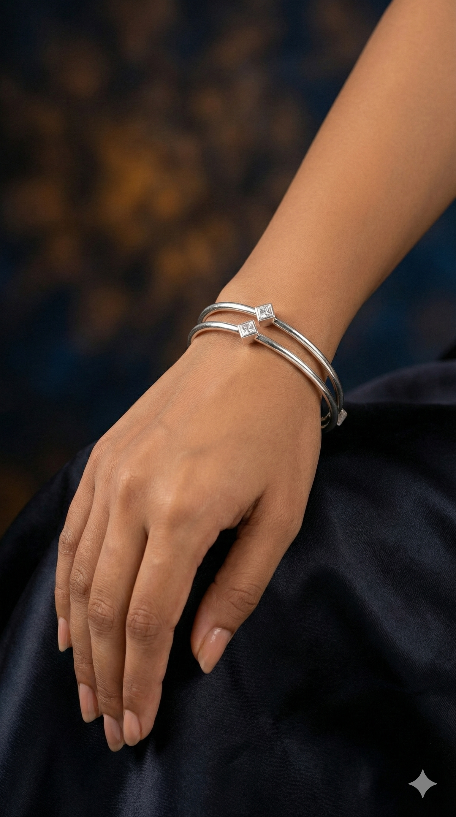 Square Cut Crystal Silver Bangles