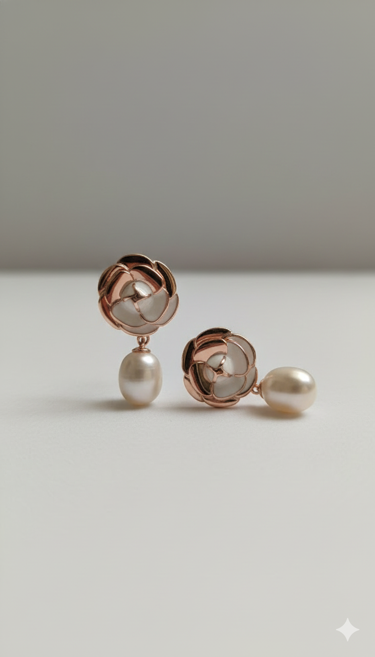 Rose Dangle Earrings with Real Pearls